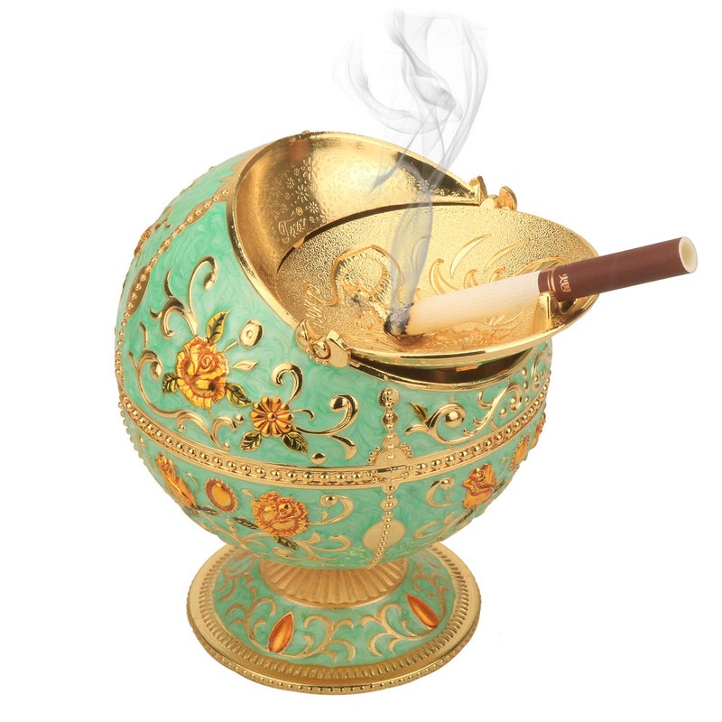 K COOL Pterosaur Windproof Ashtray with Flip Lid for Cigarette Metal Portable Smoking Tobacco Ashtray Indoor Outdoor, Handicrafts Rose Pattern Classy Gift for Women Men (Jade Green- Golden) - Image 2